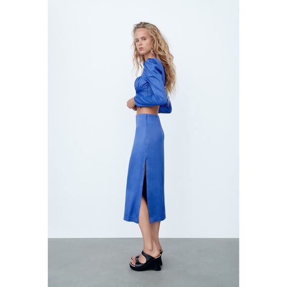 Zara Satin Side Slit Spotted Midi Skirt - Picture 1 of 12